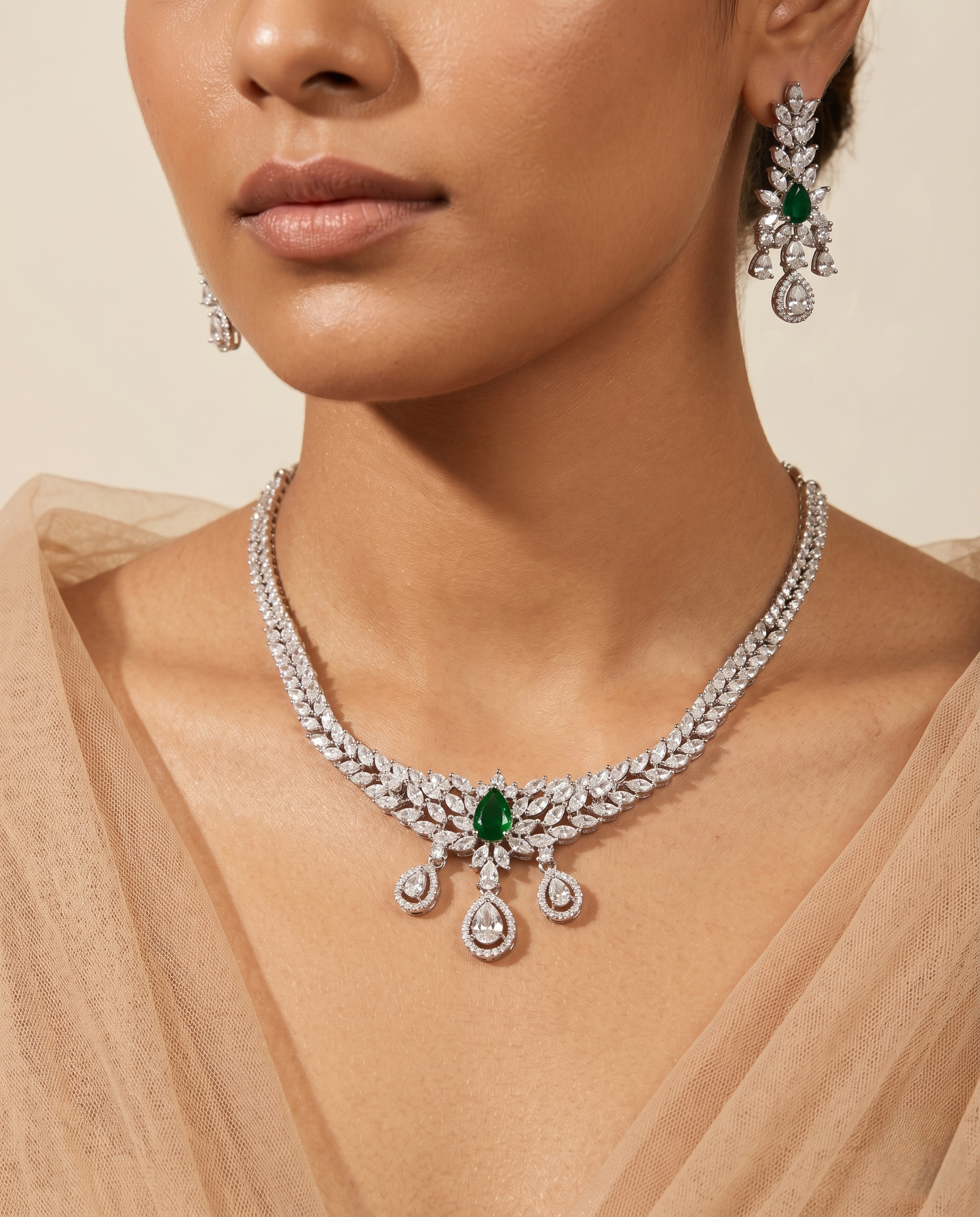 Green Stone Diamond Necklace Set with Matching Earrings – Silver Finish