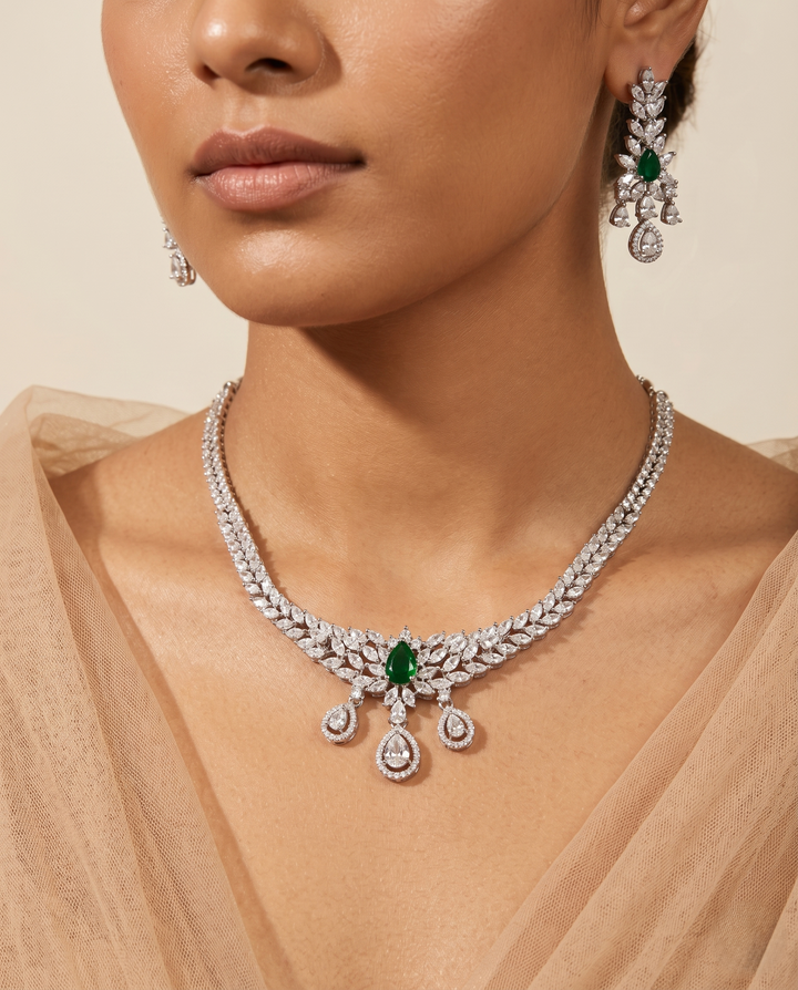 Green Stone Diamond Necklace Set with Matching Earrings – Silver Finish