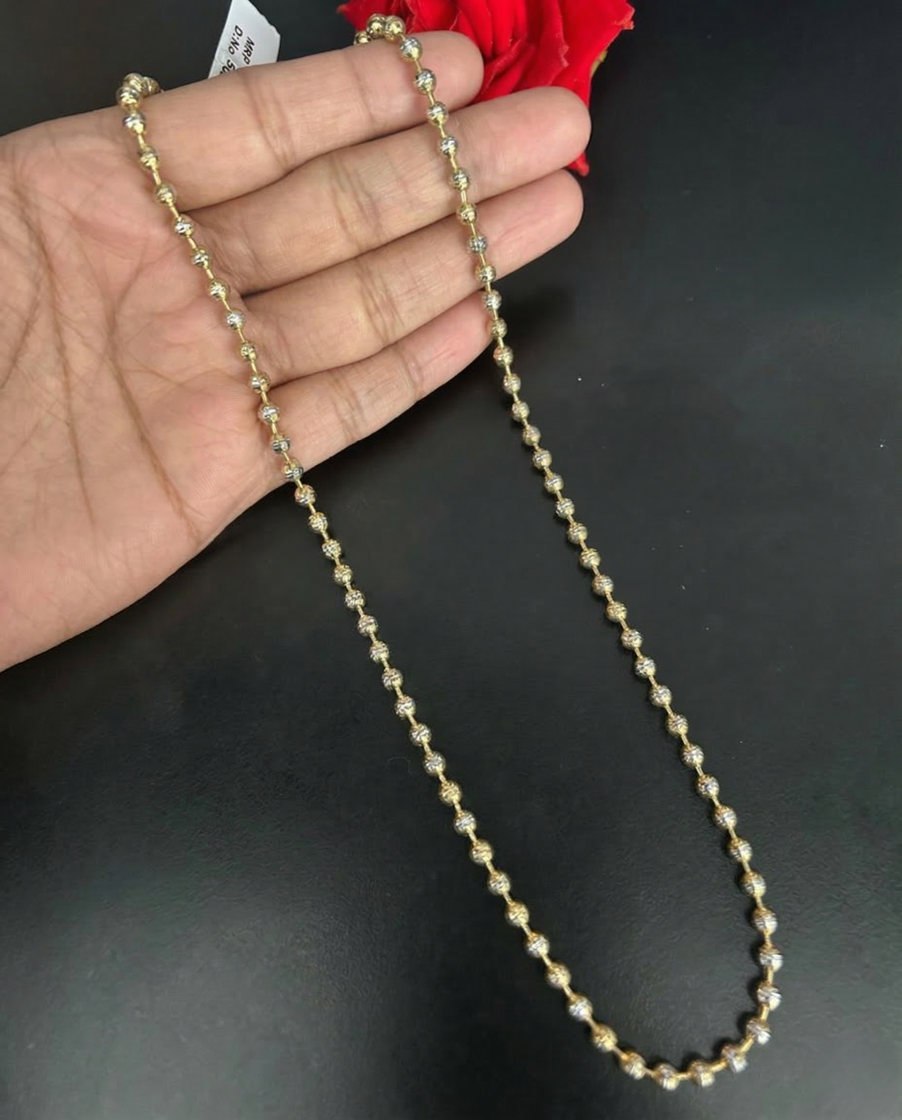 Two Tone Diamond Cut Bead Chain Necklace | Gold Silver Round Bead Long Chain for Women