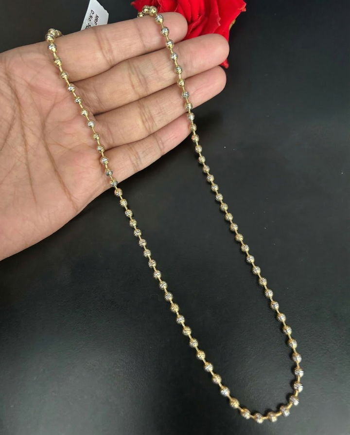 Two Tone Diamond Cut Bead Chain Necklace | Gold Silver Round Bead Long Chain for Women