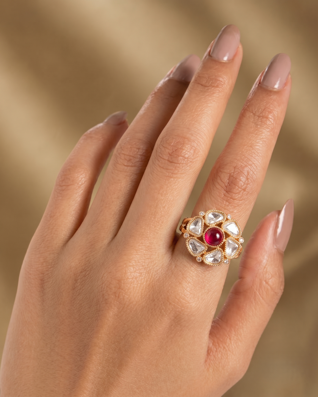 Zarika Emerald Kundan Ring for Women | Adjustable Floral Statement Ring