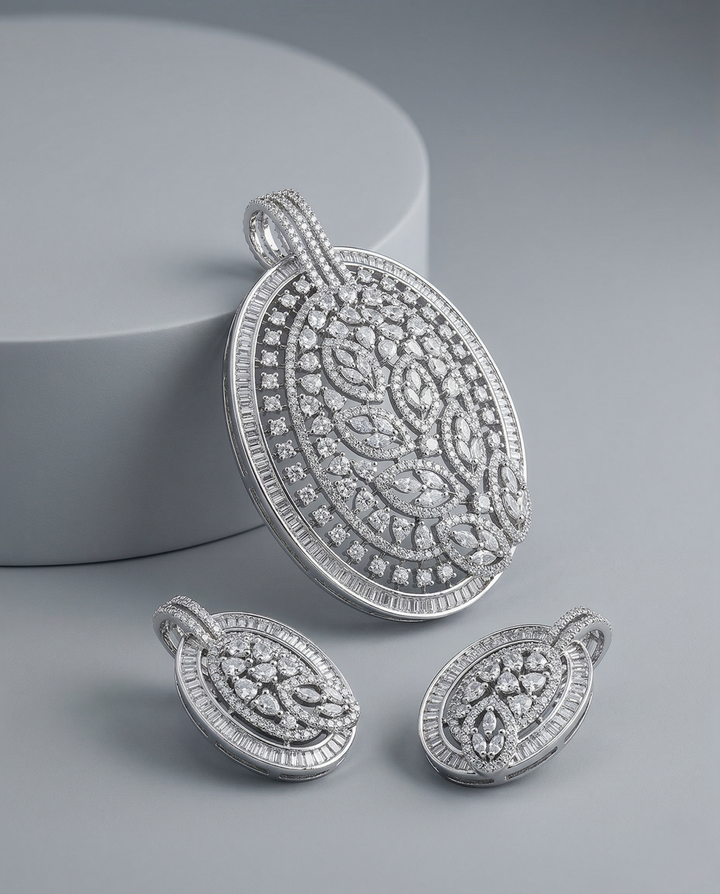Premium White Crystal Oval Pendant Set in Silver Tone