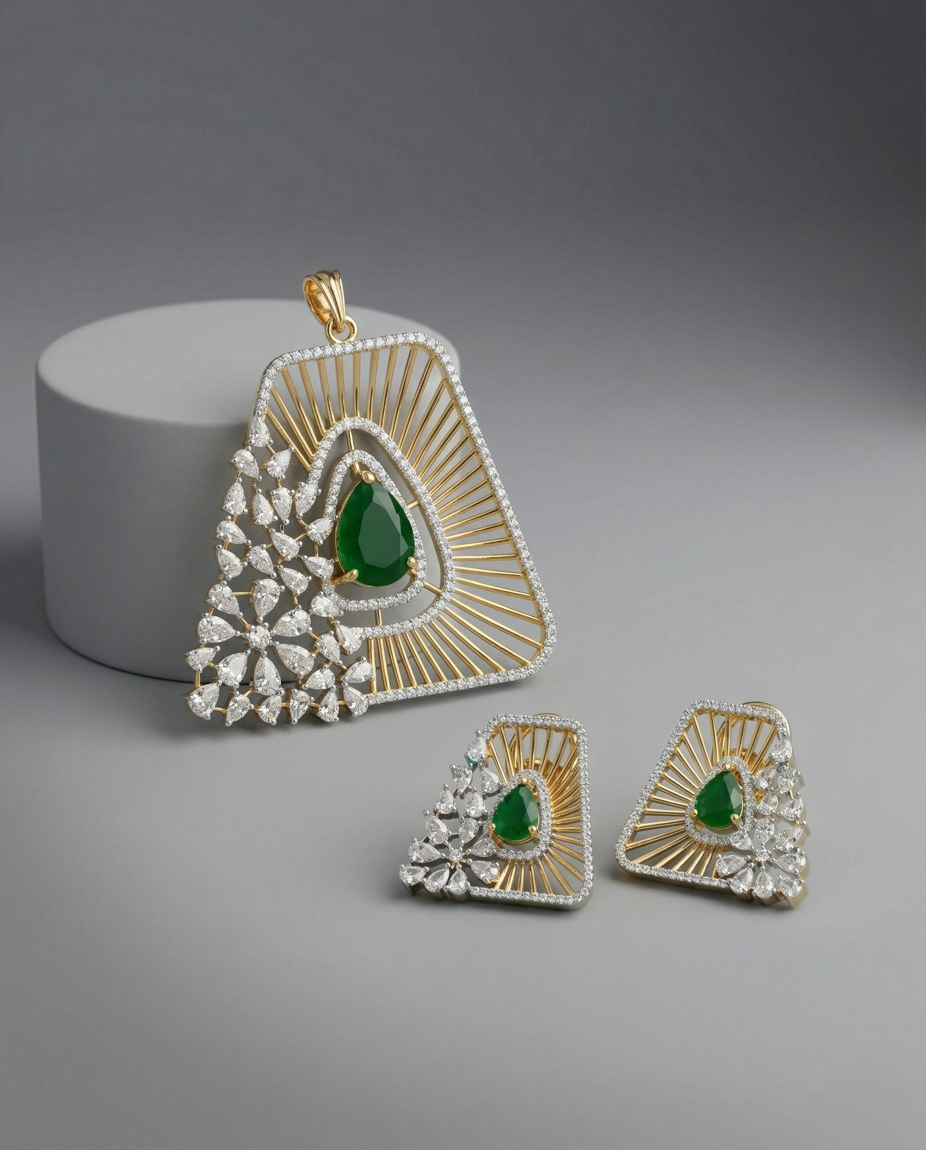 Premium Emerald Triangle Designer Pendant Set in Gold Plated Finish