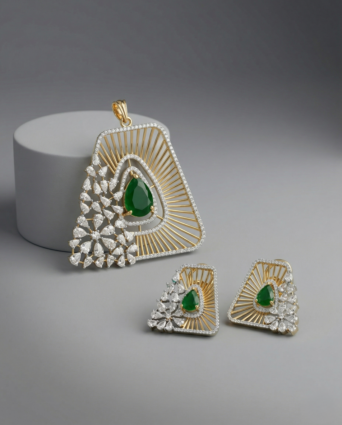 Premium Emerald Triangle Designer Pendant Set in Gold Plated Finish