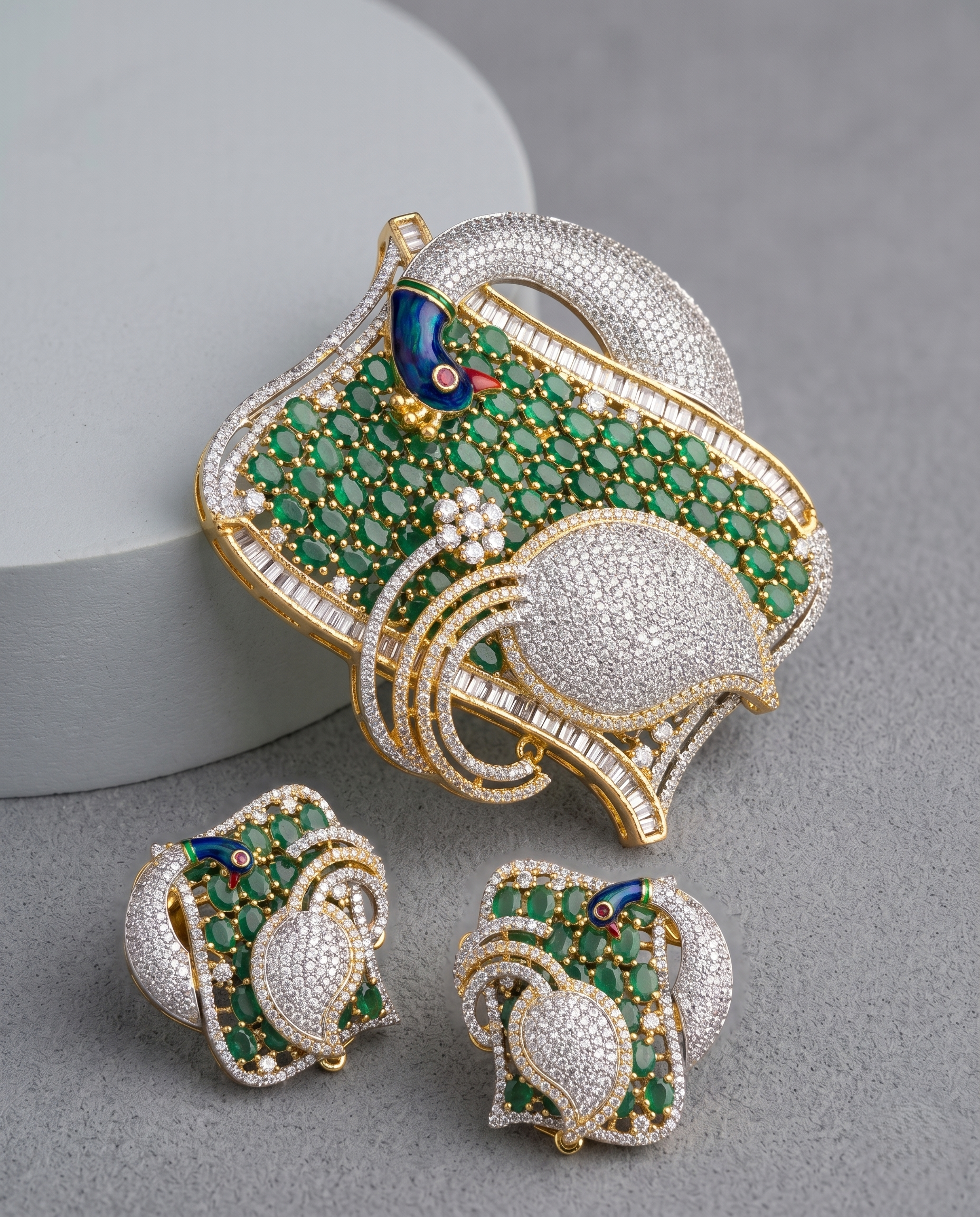 Mayurika Ruby American Diamond Peacock Pendant Set