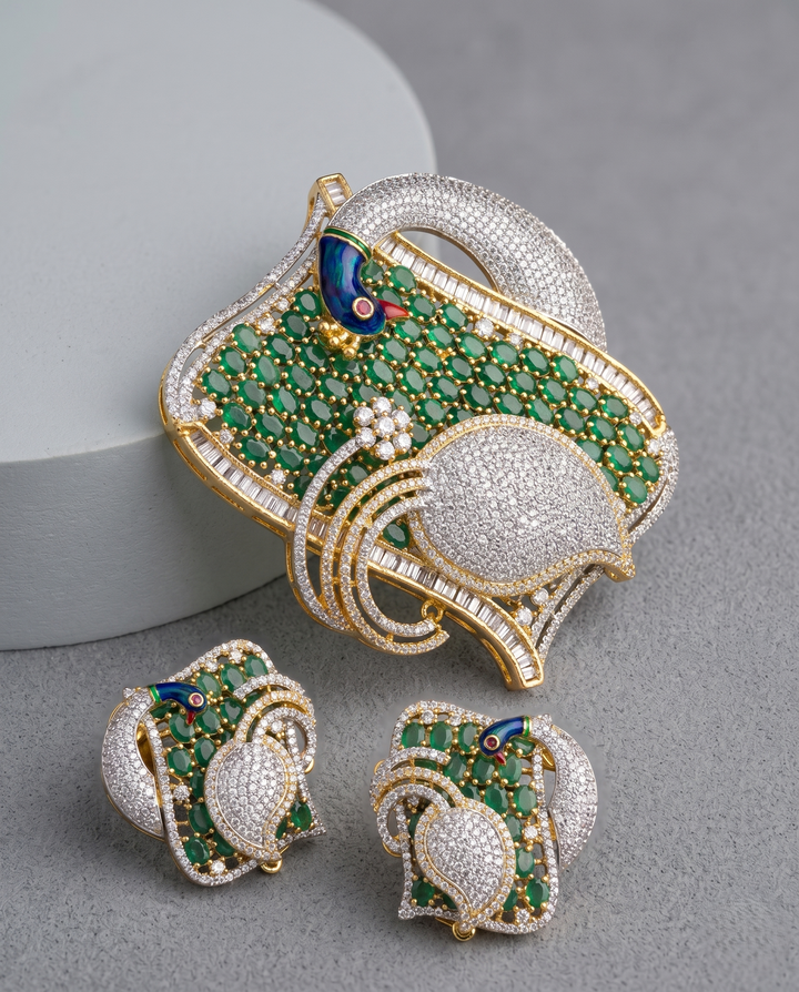 Mayurika Ruby American Diamond Peacock Pendant Set