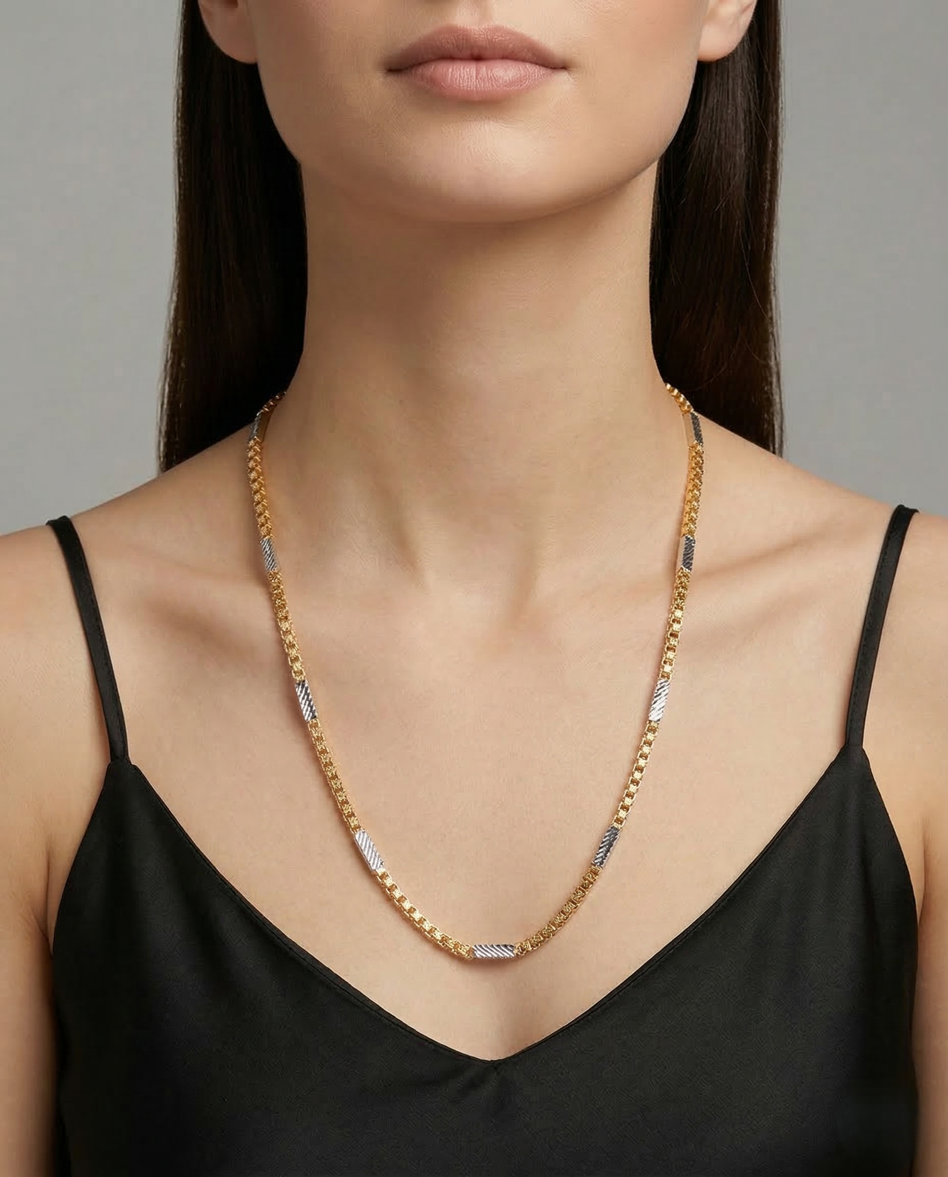 Two Tone Box Chain Necklace with Textured Bar Links | Gold Silver Long Chain for Women