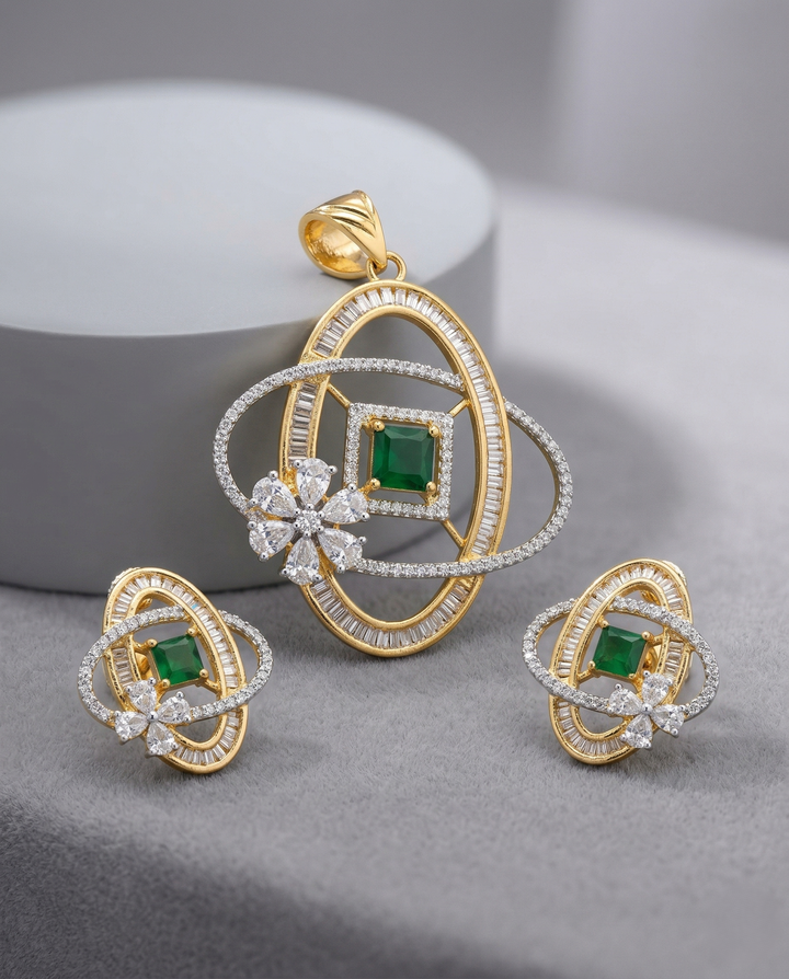 Premium Emerald Green Crystal Orbit Designer Pendant Set in Gold Tone