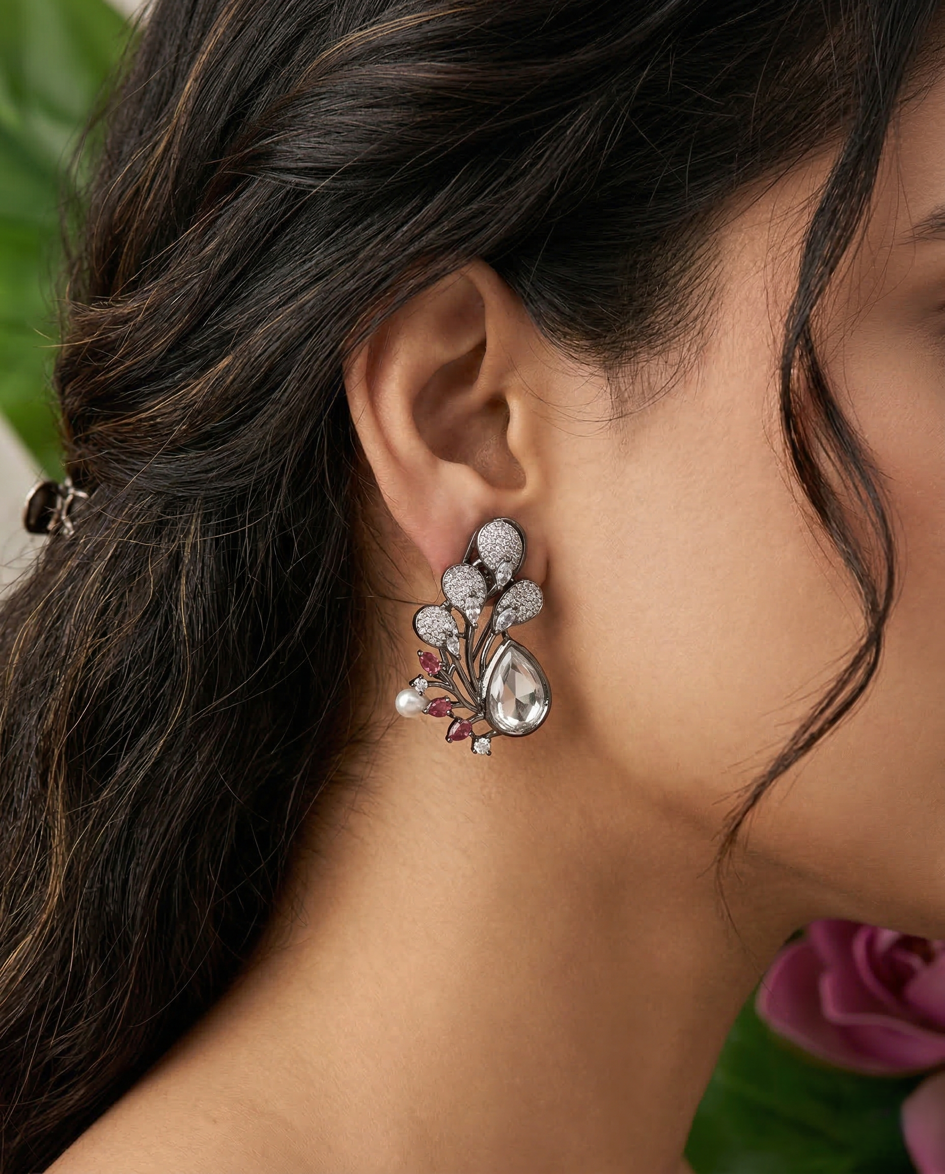 Premium Oxidised Black Designer Stone Earrings for Women with Pearl Drop