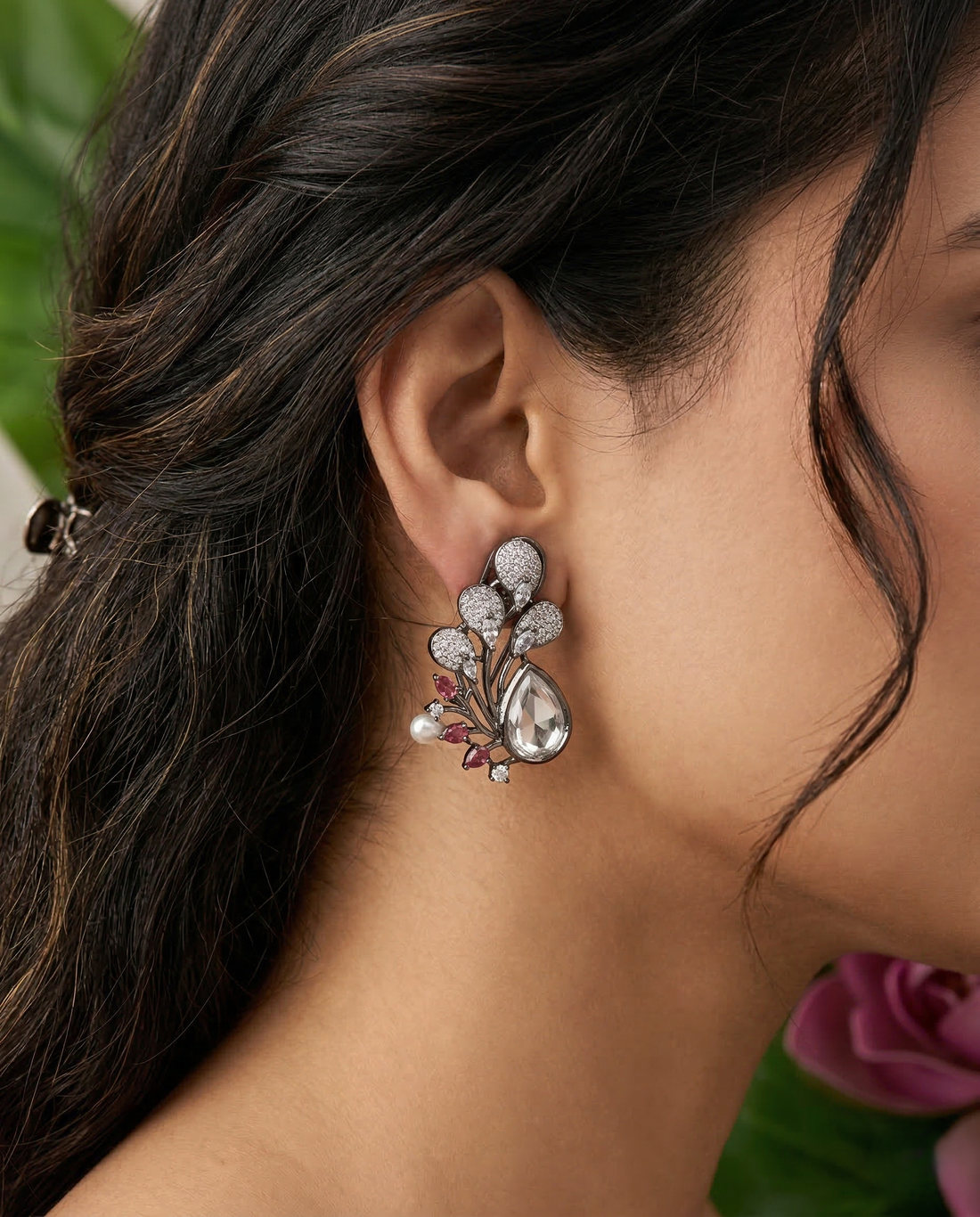 Premium Oxidised Black Designer Stone Earrings for Women with Pearl Drop