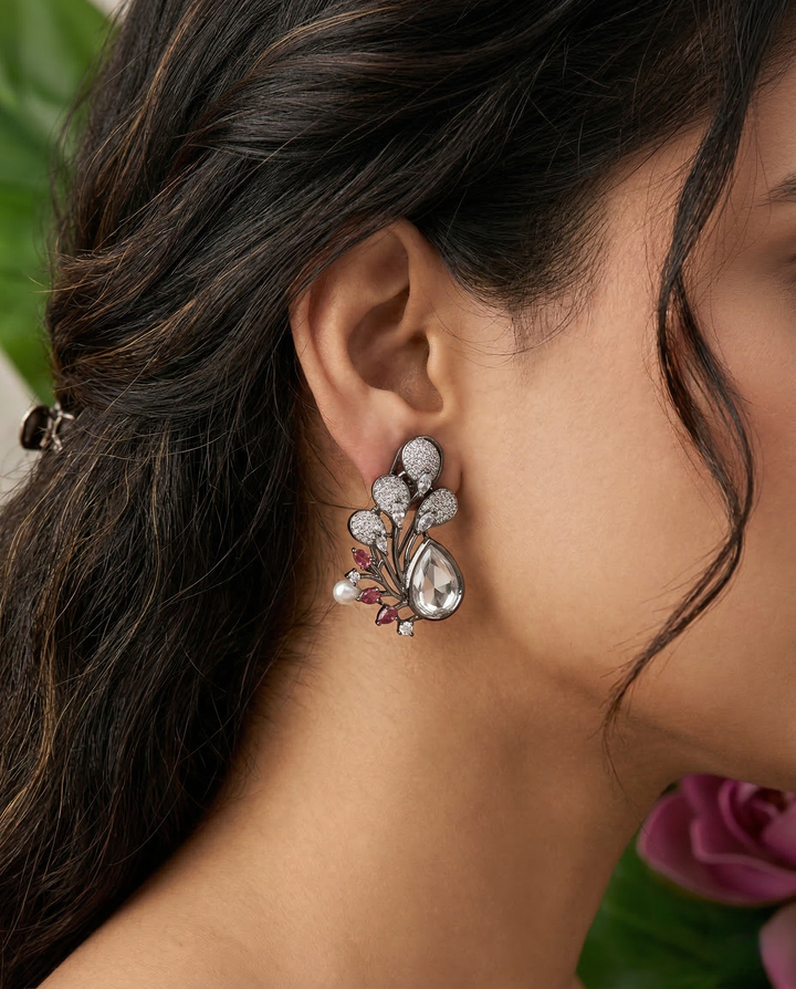 Premium Oxidised Black Designer Stone Earrings for Women with Pearl Drop