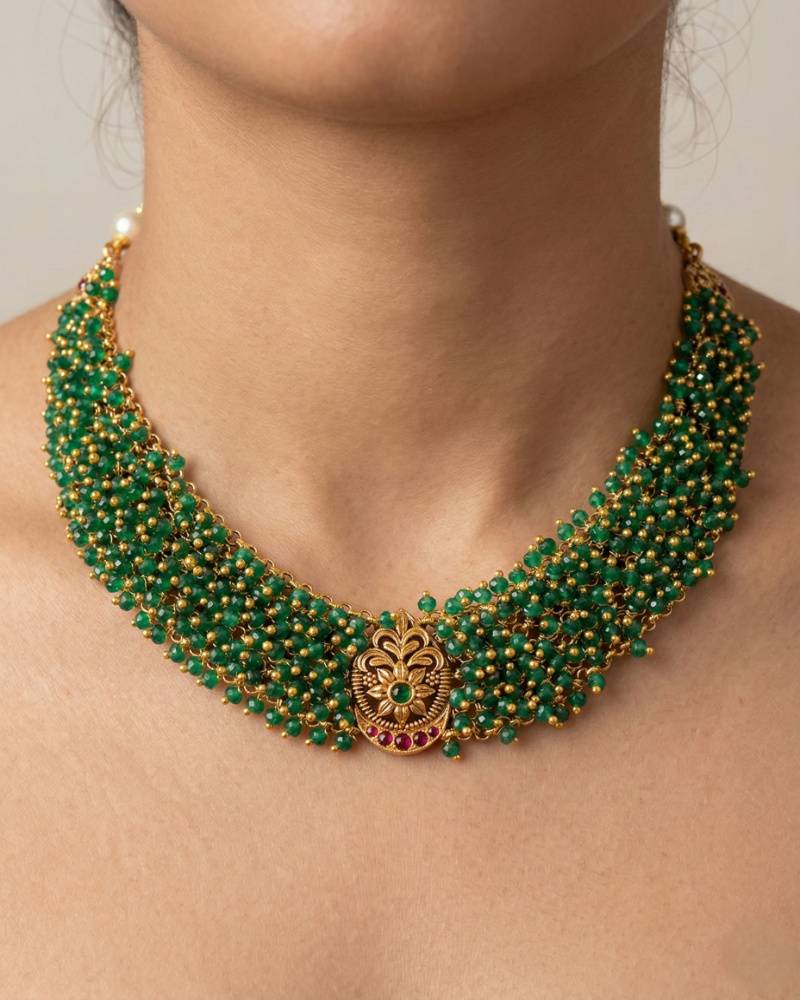 Emerald Green Multi Strand Beaded Temple Necklace Set with Antique Gold Jhumka Earrings