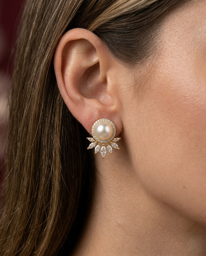 Lunara Crown Pearl Studs – Pearl Diamond Halo Earrings with Floral Drop Design
