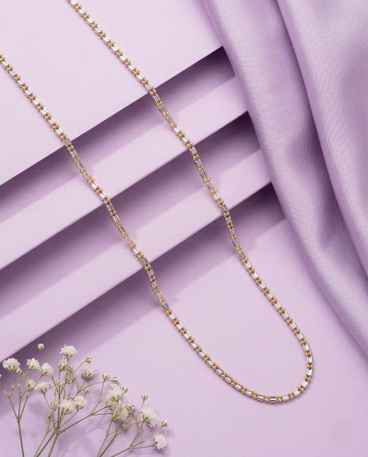 Two Tone Rectangular Link Bead Chain Necklace | Gold Silver Long Chain for Women