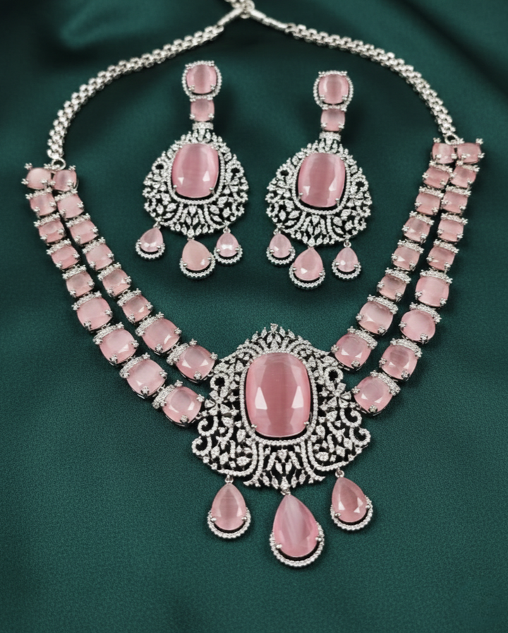 Pink Stone Diamond Necklace Set with Matching Earrings – Silver Finish