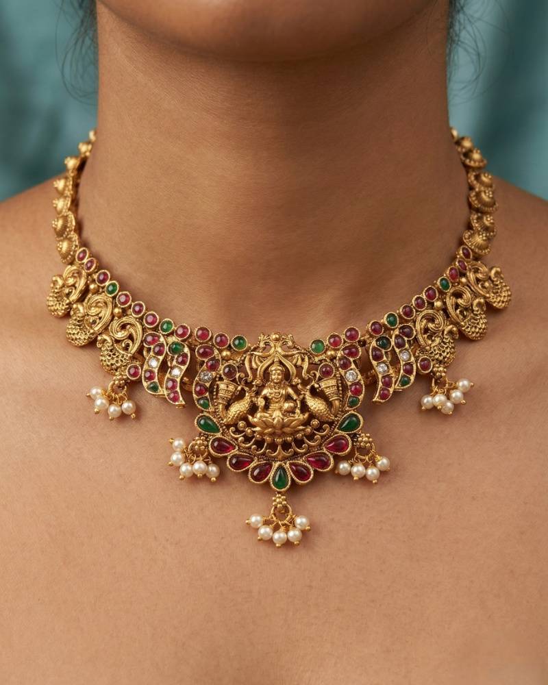 Antique Gold Lakshmi Temple Necklace Set with Ruby Green Stones and Jhumka Earrings