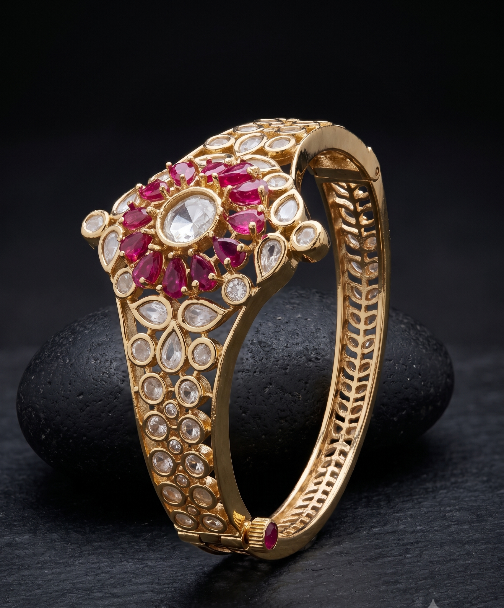 Pannika Green Stone Kundan  Floral Polki Style Oenable Bracelet  for Women