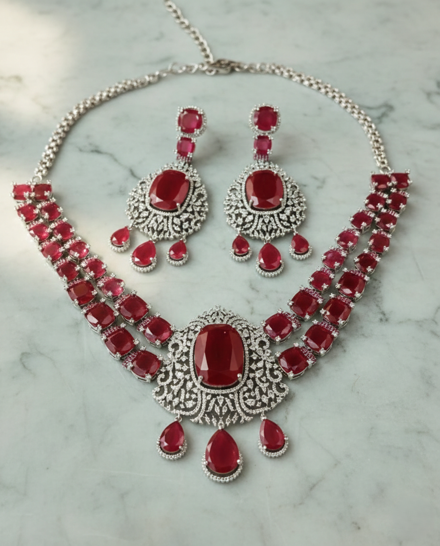 Ruby Red Stone Diamond Necklace Set with Matching Earrings – Silver Finish