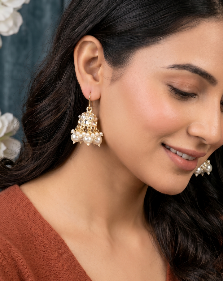 Polki Dome Jhumka Earrings with Bead Drop Hanging (Pink & Pearl Variants) – Gold Finish Hook Style