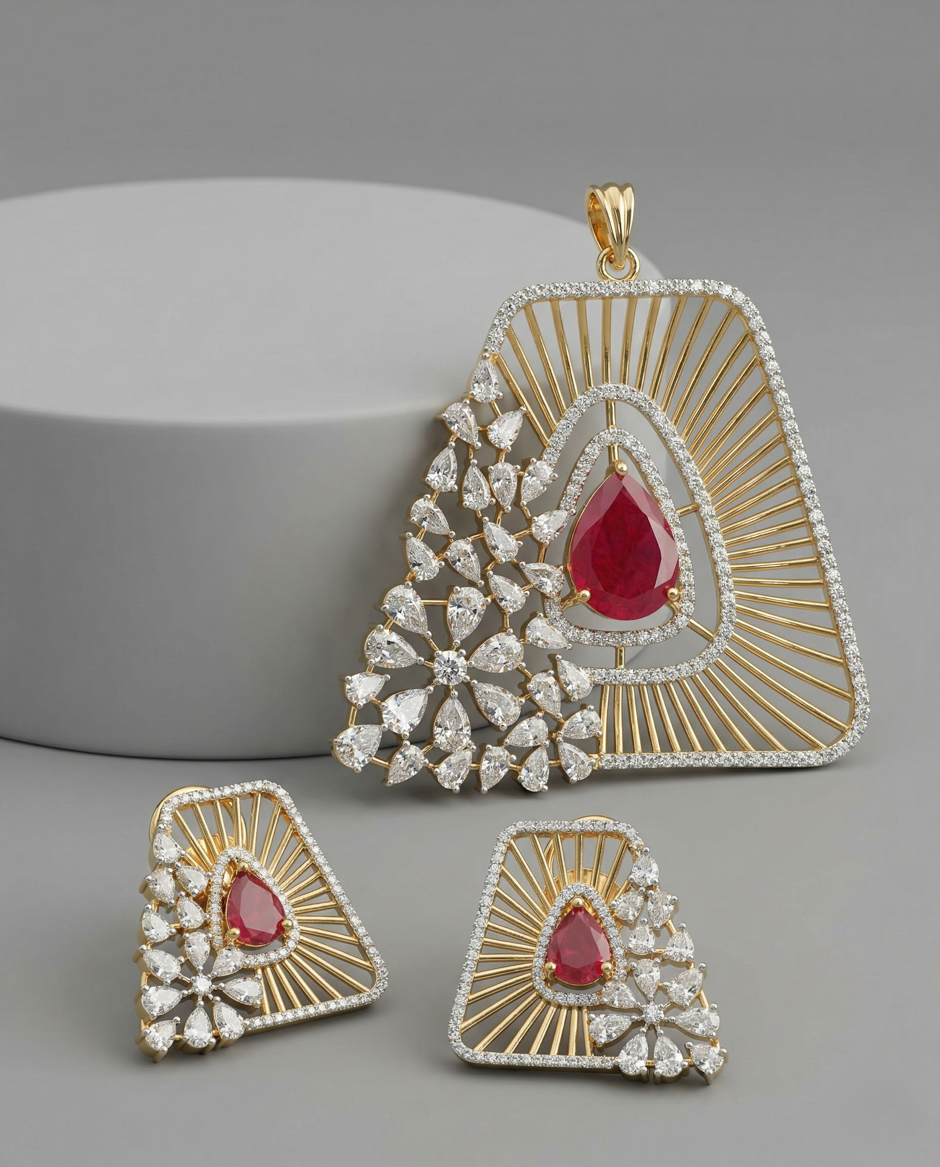 Premium Ruby Red Teardrop Designer Pendant Set in Gold Tone
