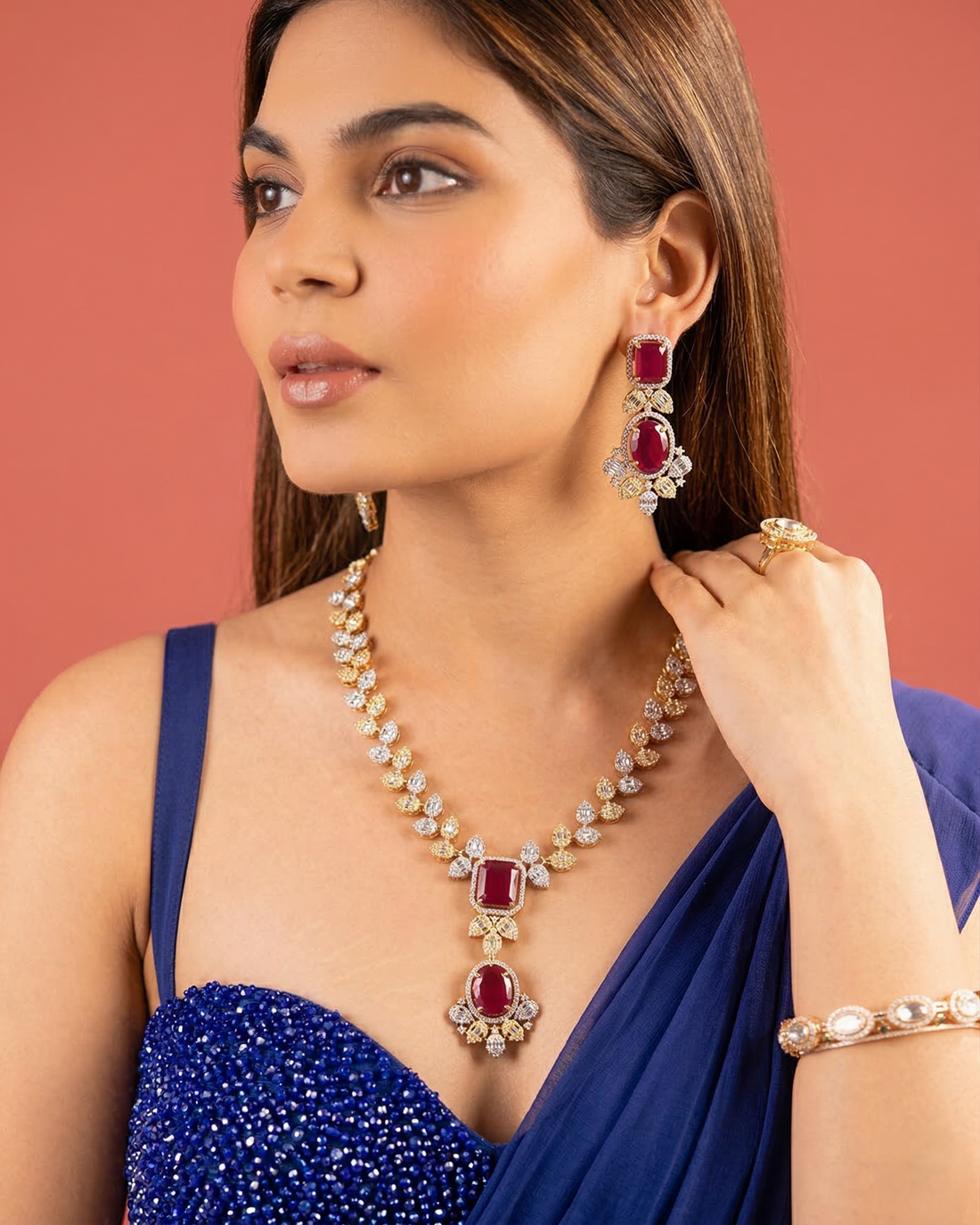 Ruby Style Gold Finish Necklace Set with Matching Earrings