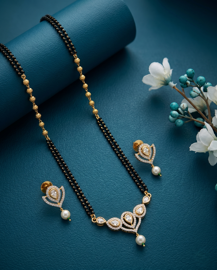 Elegant Diamond Look Mangalsutra Set with Earrings – Gold Finish Pearl Drop Design