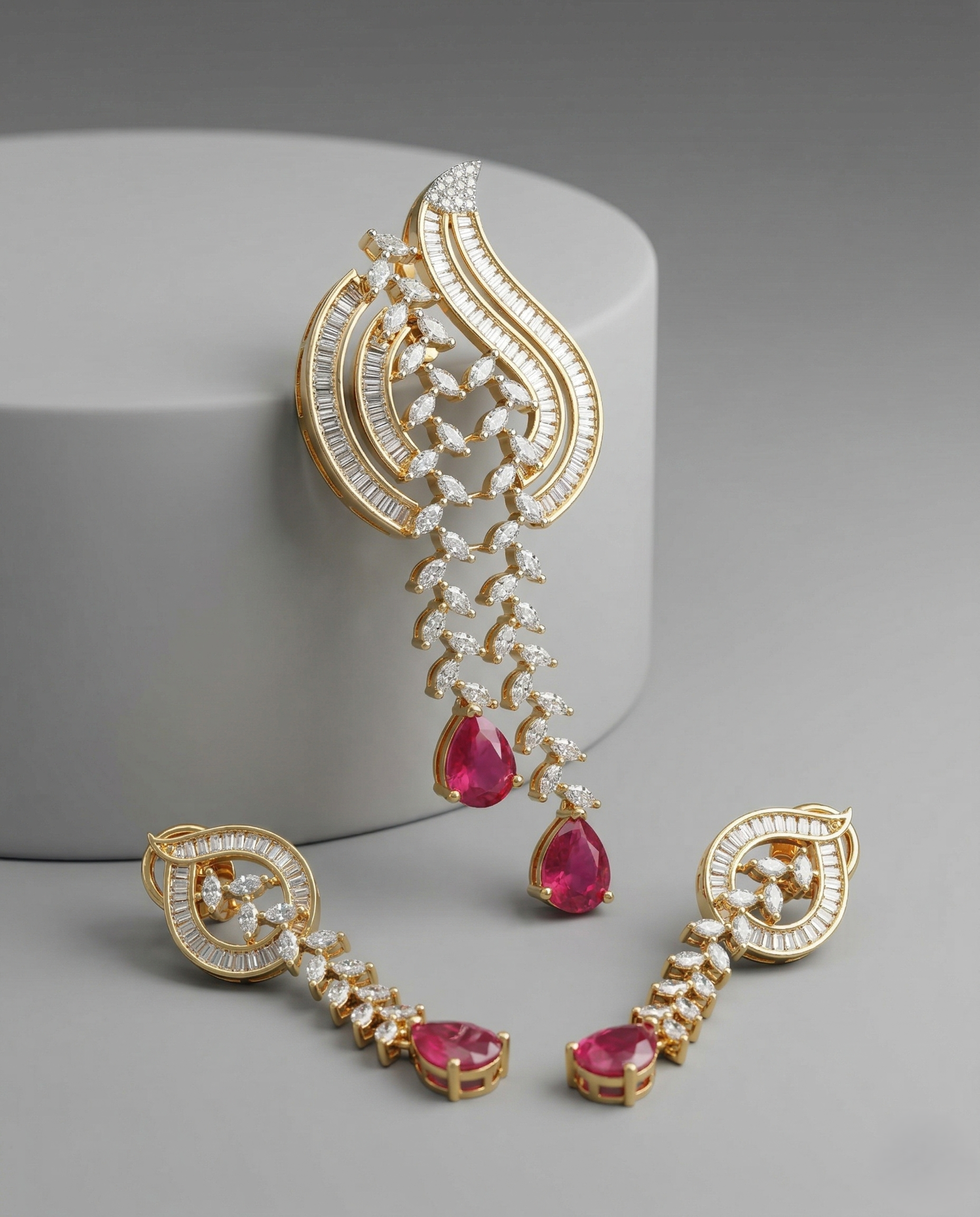 Ruby Red Drop Diamond Finish Gold Pendant Set with Earrings
