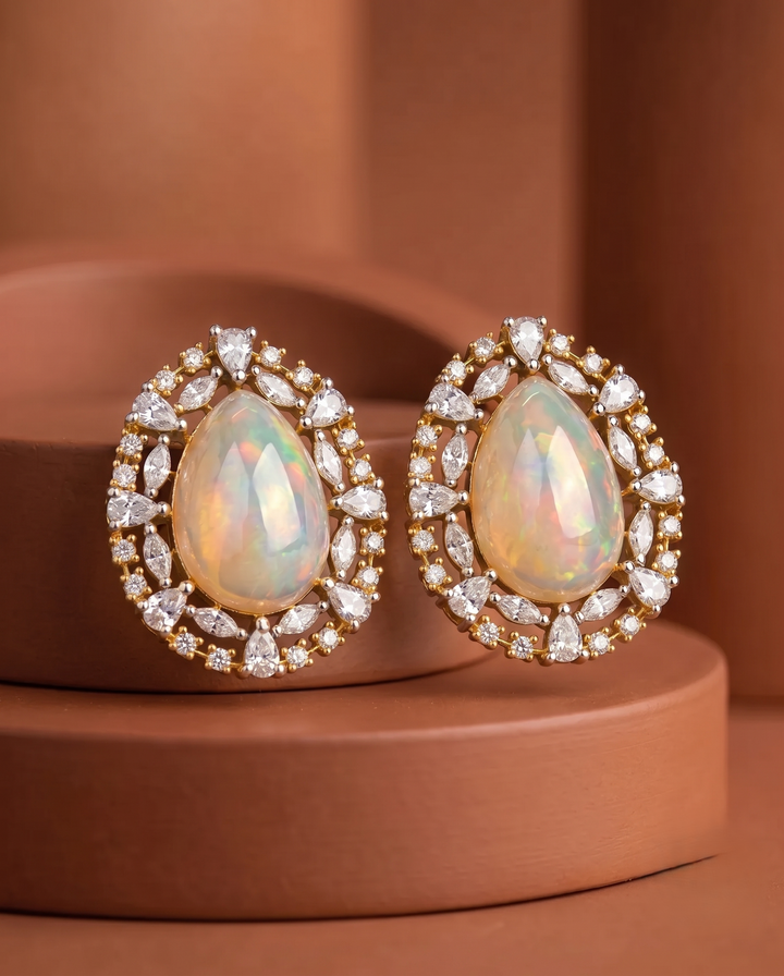 Aurielle Glow Studs – Oval Opal Stone Diamond Halo Earrings in Gold Finish