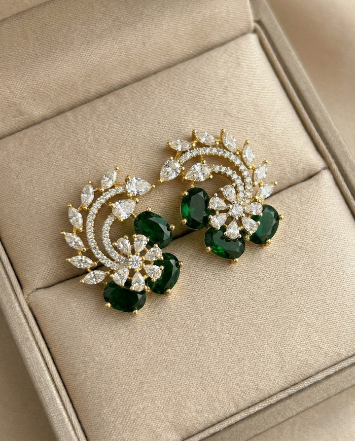 Premium Ruby &amp; Emerald Floral Diamond Statement Earrings for Women | Party Wear Designer Earrings