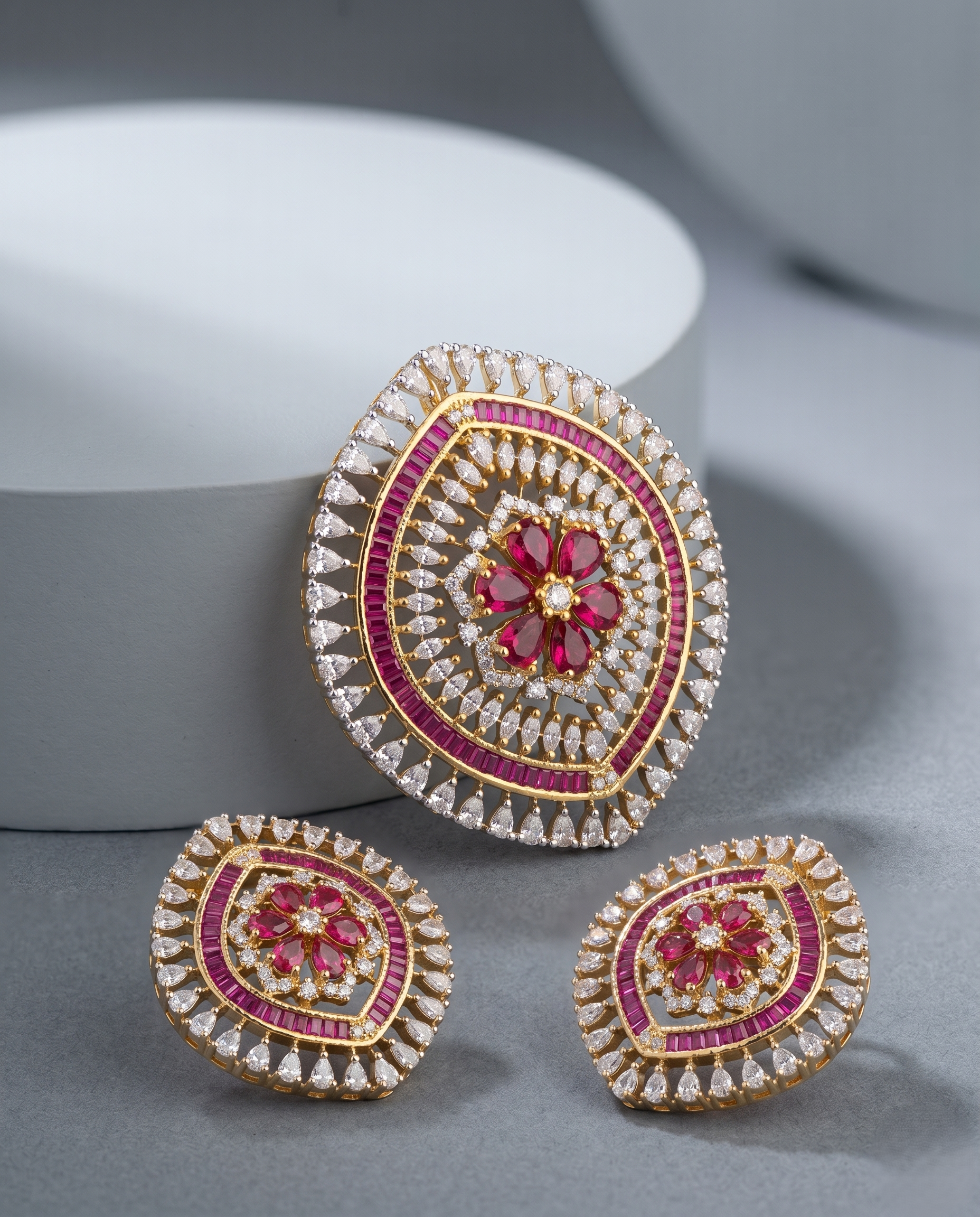Rosévera Ruby American Diamond Pendant Set with Earrings