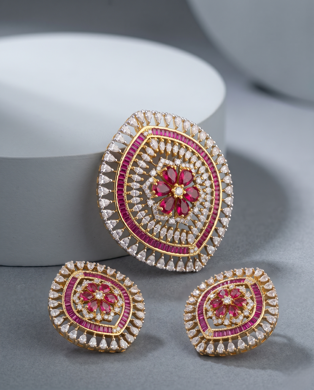 Rosévera Ruby American Diamond Pendant Set with Earrings