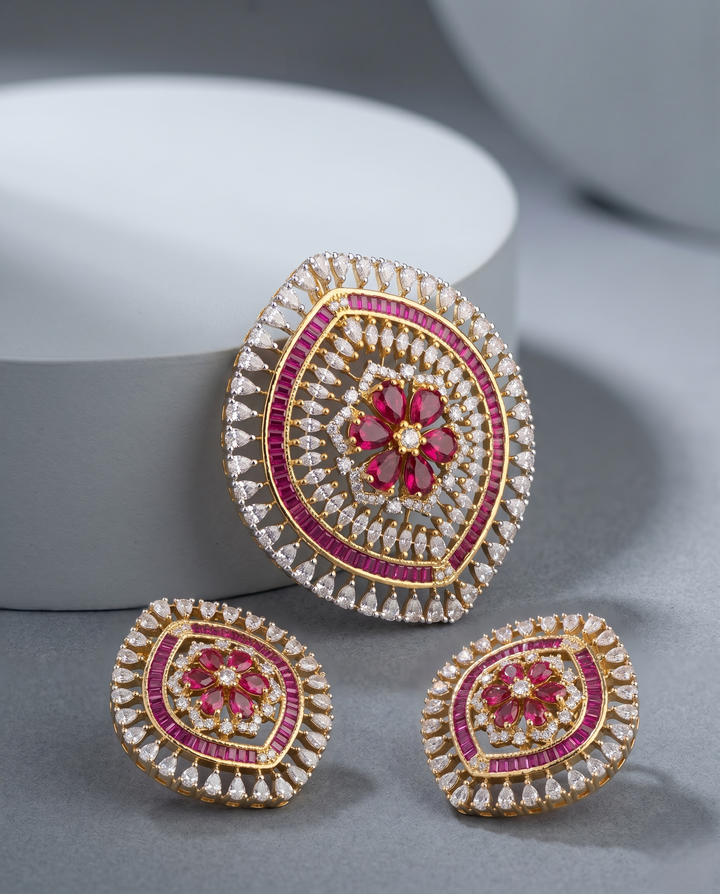 Rosévera Ruby American Diamond Pendant Set with Earrings
