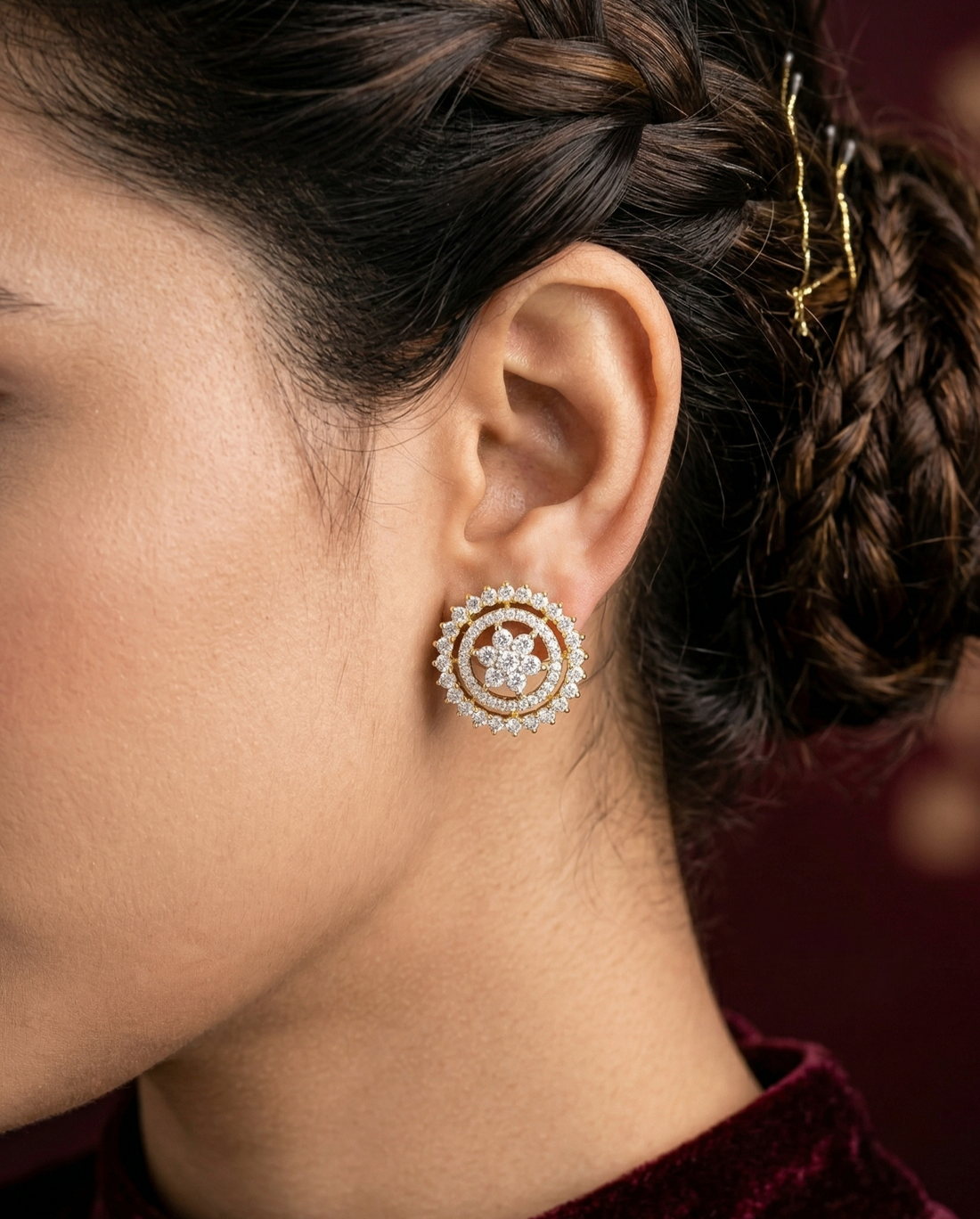 Premium Floral Halo Studs – Gold Polish Diamond Circle Earrings