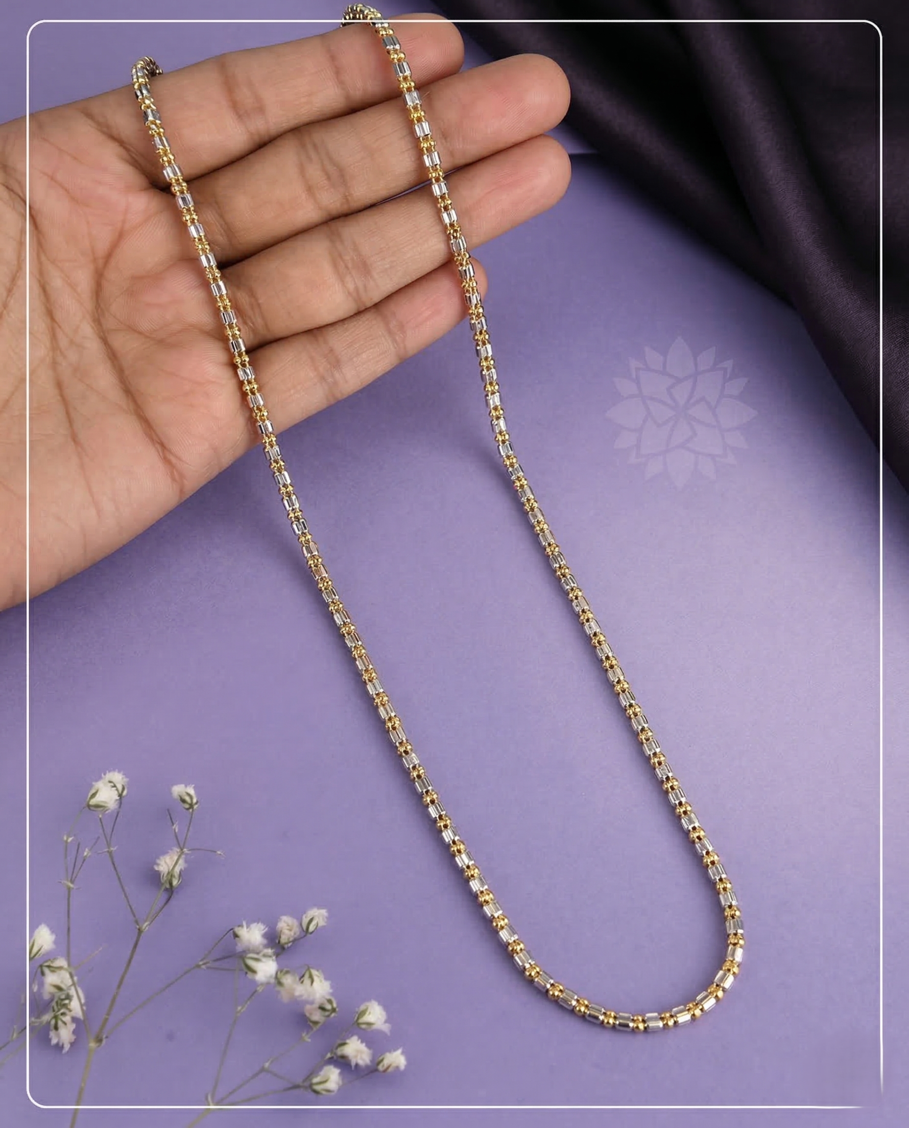 Three Line Two Tone Designer Beaded Chain Necklace Gold Silver