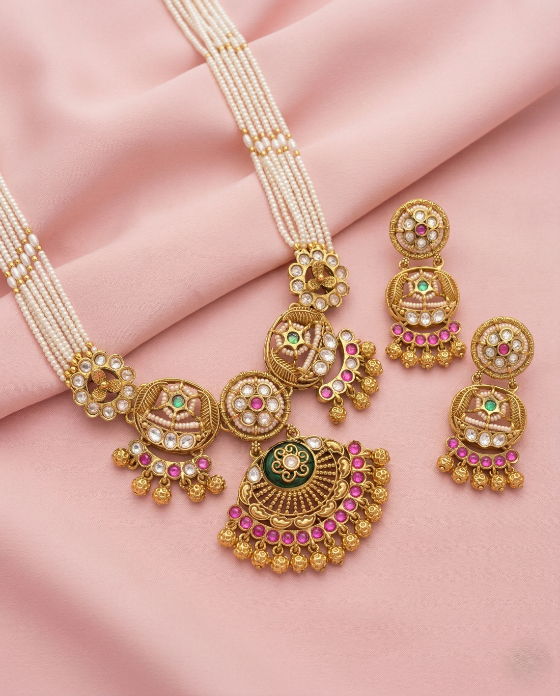 Antique Gold Kundan Pearl Strand Necklace Set with Pink & Green Stones