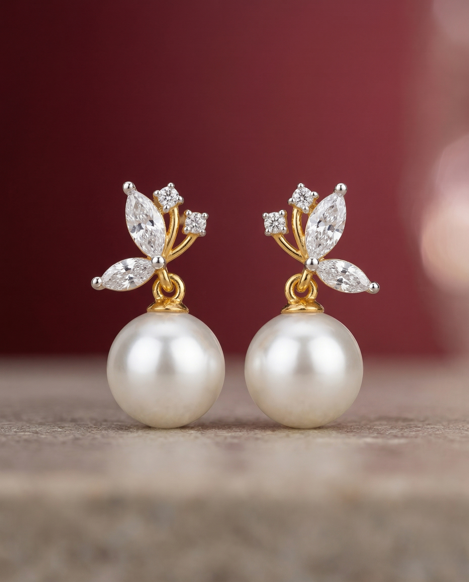 Premium Pearl Bloom Drops – Gold Polish Diamond Leaf Pearl Earrings