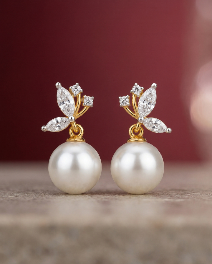 Premium Pearl Bloom Drops – Gold Polish Diamond Leaf Pearl Earrings