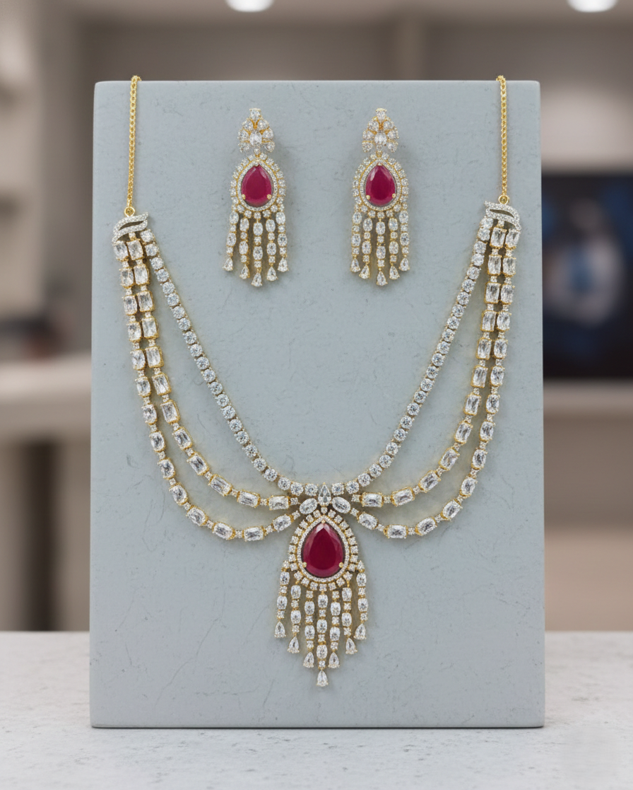 Gold Polish American Diamond Red Stone Layered Necklace Set