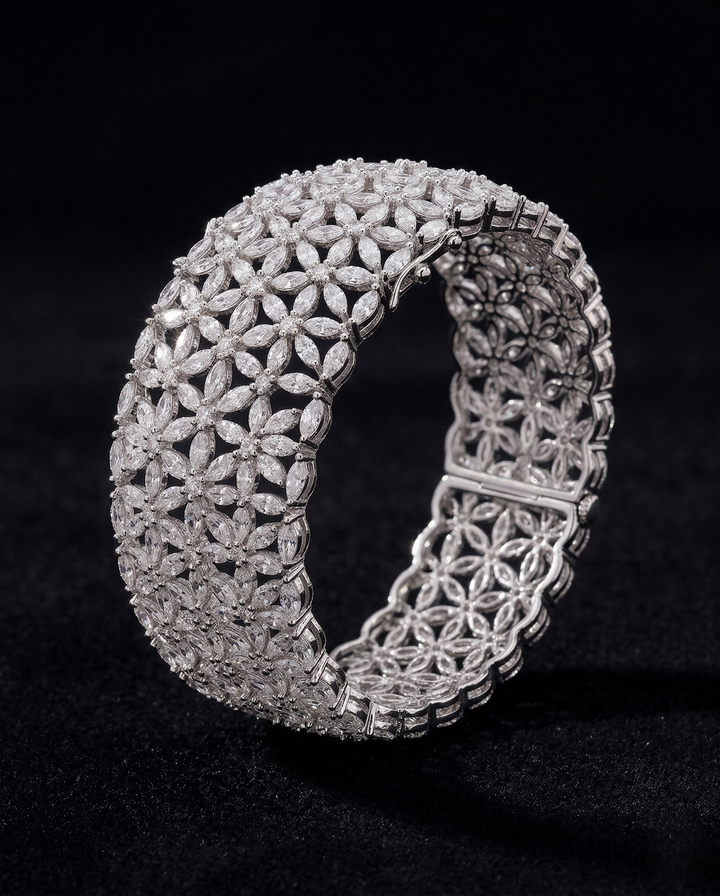 Openable Premium Floral Diamond Look Bracelet/ Bangle in Gold , Silver Tone 1 Hand Wearing Single Pcs