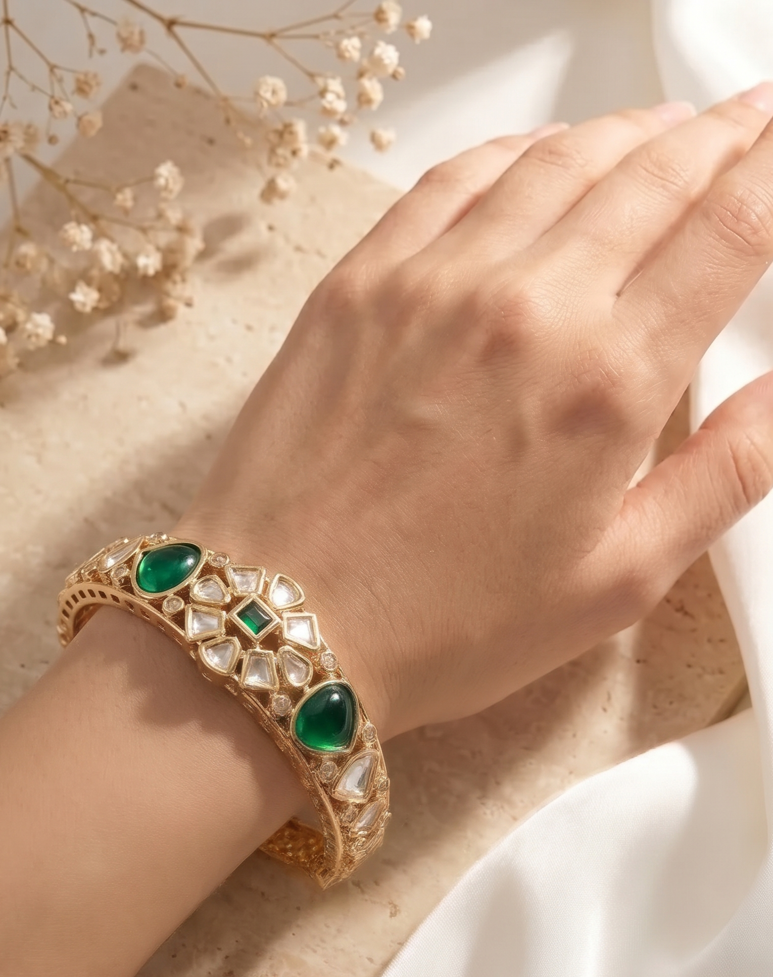 Rajnidhi Polki Gold Tone Openable Braclete For Women