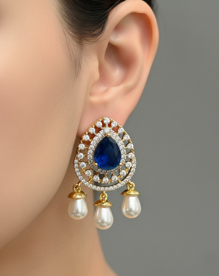 Blue Stone Pearl Drop Earrings | Gold Finish Party Jewellery