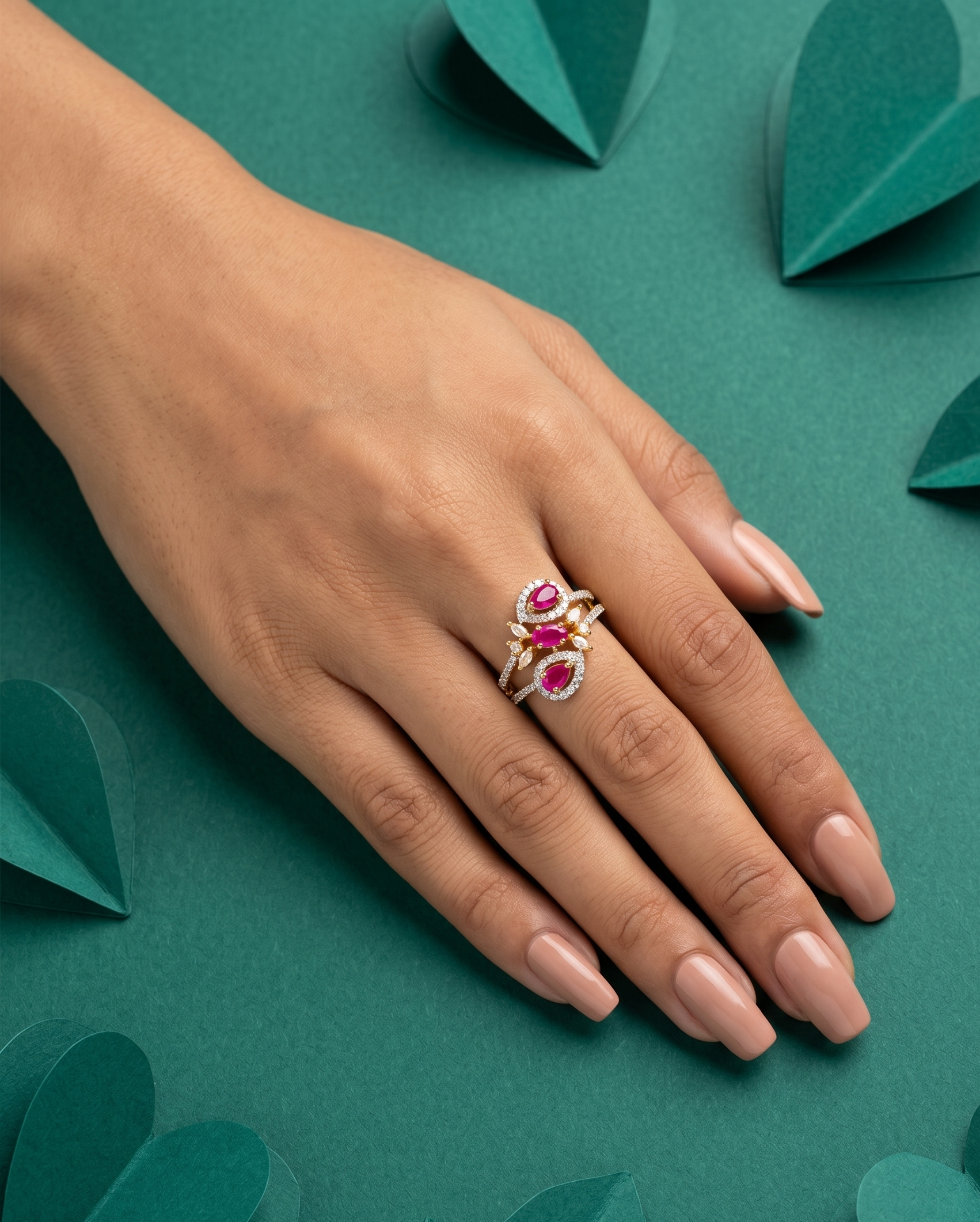 Tri Stone Designer Diamond Ring Gold Plated Adjustable (White / Green / Red)