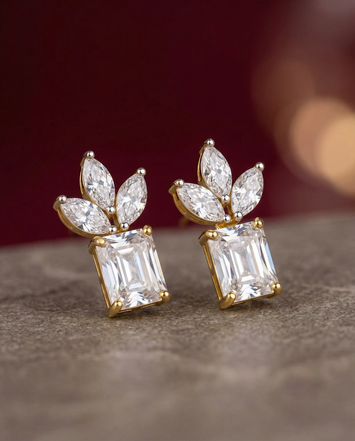 Premium Regalia Prism Studs – Gold Polish Emerald Cut Diamond Earrings (Multi Color)