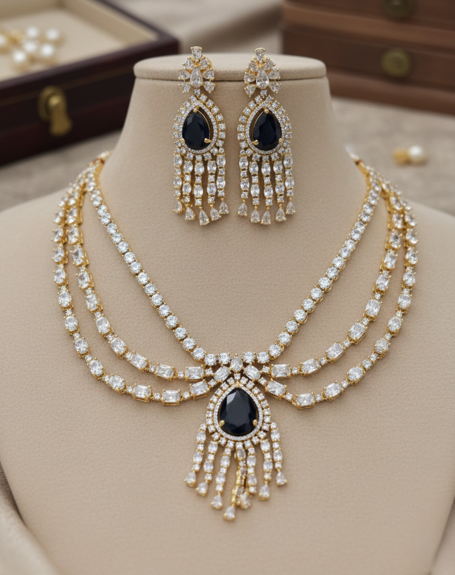 Black Drop Diamond Style Gold Finish Necklace Set with Matching Earrings