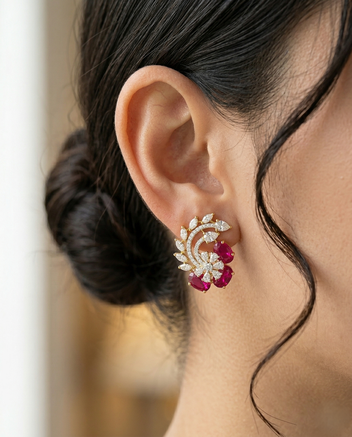 Premium Ruby &amp; Emerald Floral Diamond Statement Earrings for Women | Party Wear Designer Earrings