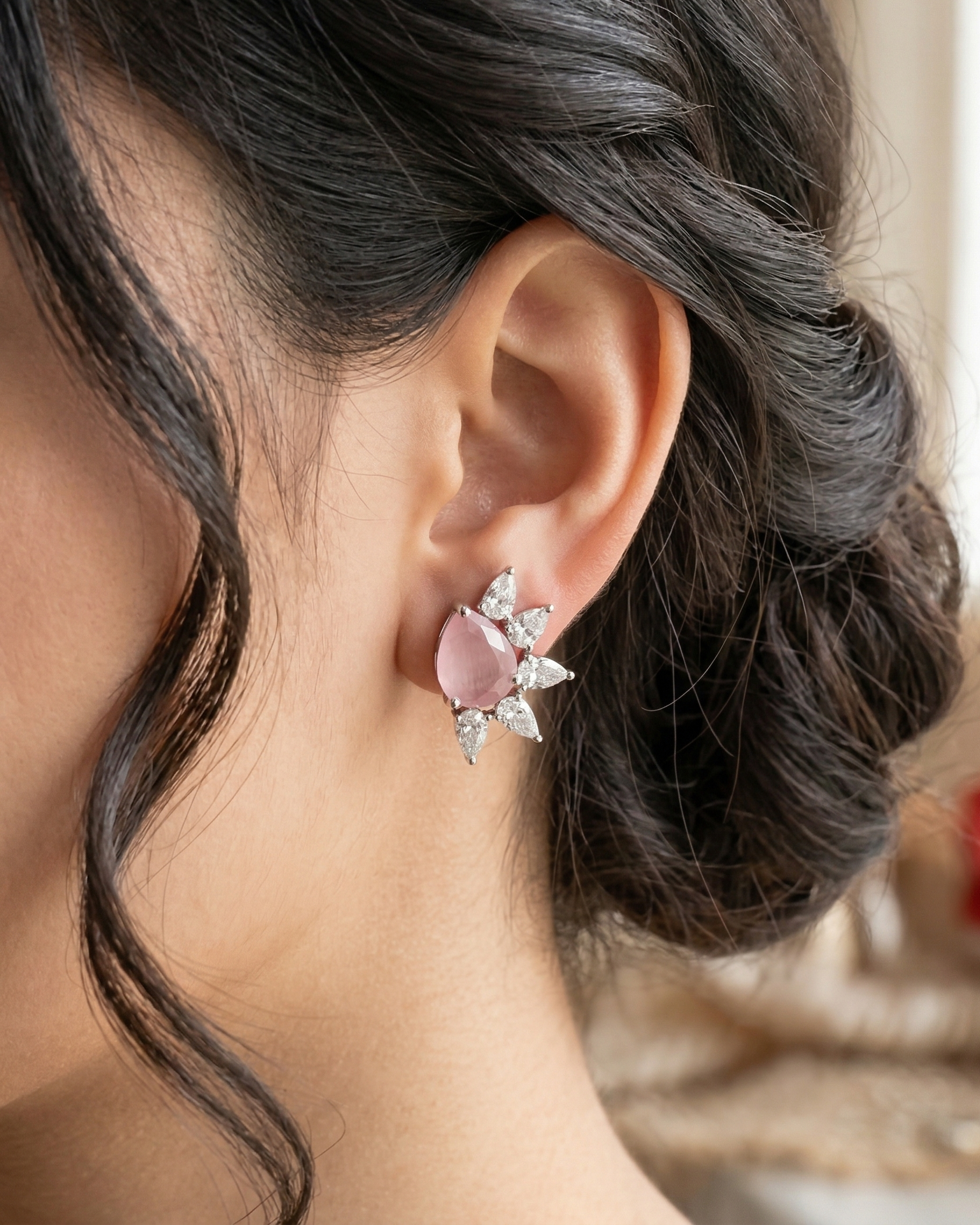 Celestia Bloom Studs – Pear Stone Diamond Floral Earrings (Multi Color Variants) - Silver Plated