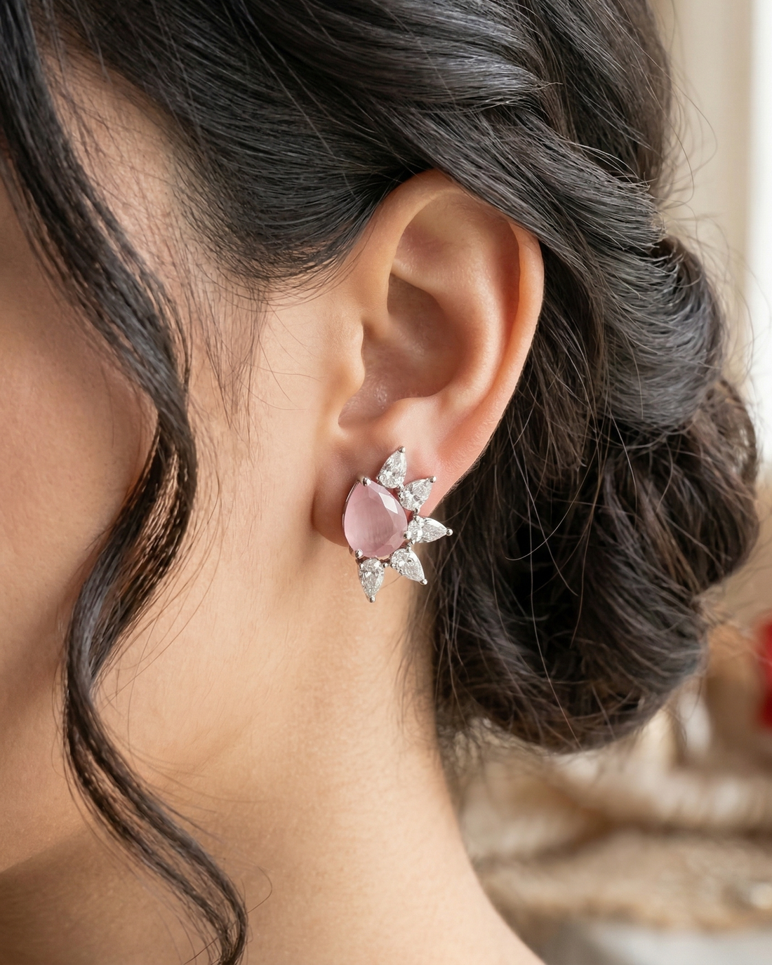 Celestia Bloom Studs – Pear Stone Diamond Floral Earrings (Multi Color Variants) - Silver Plated