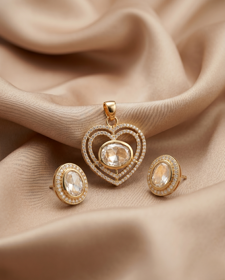 Premium Gold Tone Heart Halo Oval Diamond Pendant with Chain & Matching Earrings