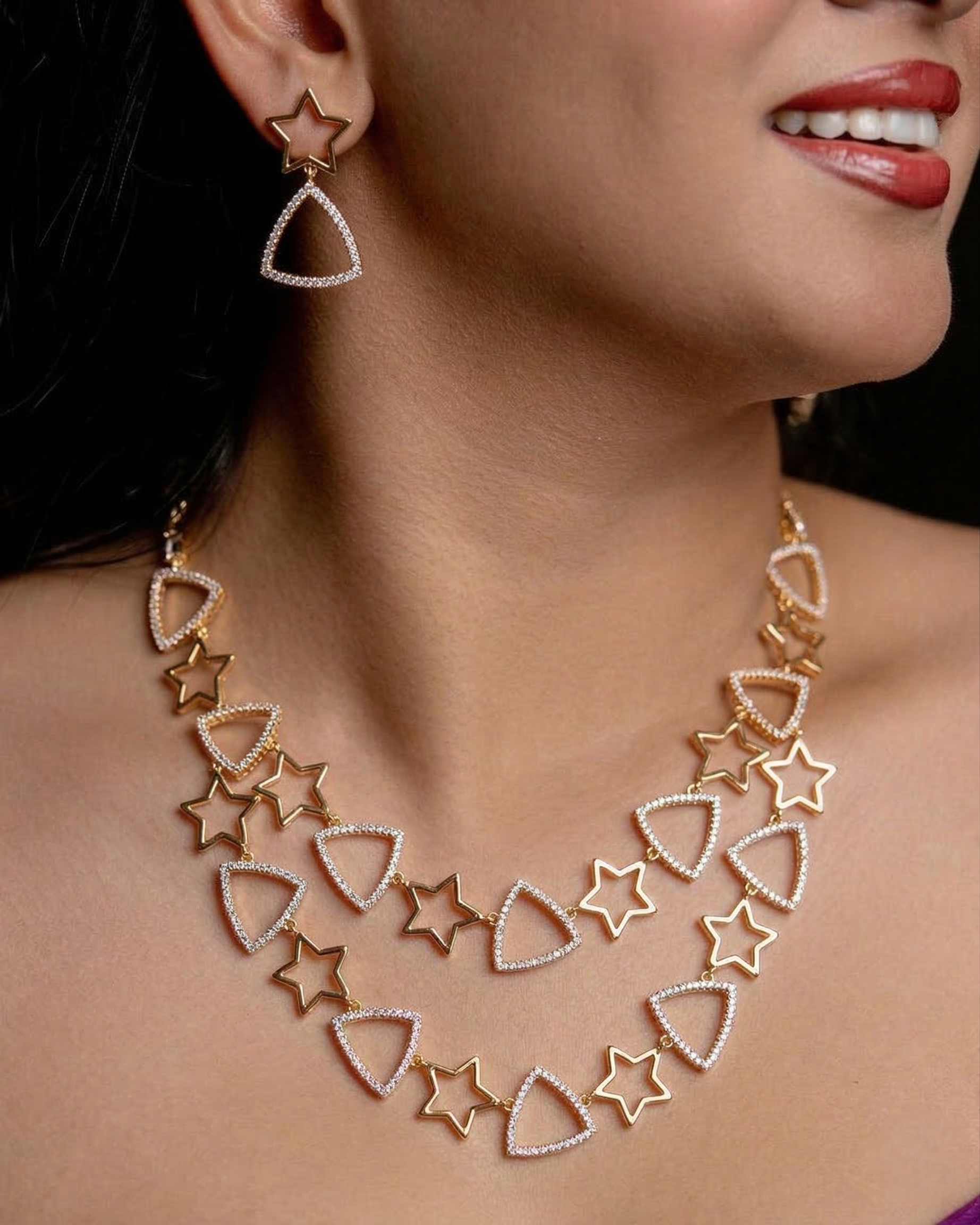 Star Motif Crystal Necklace Set with Gold Accents