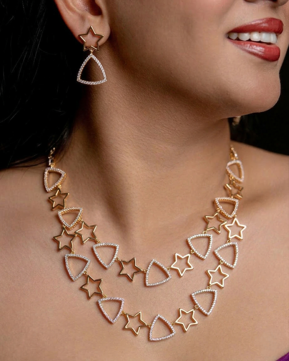Star Motif Crystal Necklace Set with Gold Accents